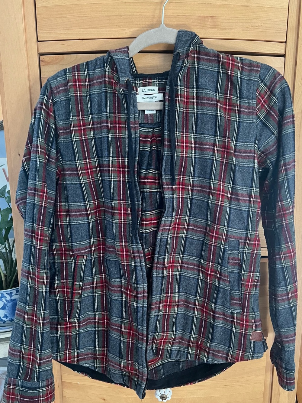 L.L. Bean Hooded Plaid Jacket in Gray, Red & Navy